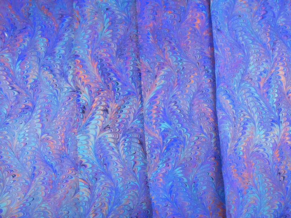 Blue, purple, turquoise copper waved Icarus pattern marbled A2 paper design