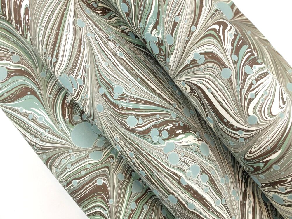 Sage green, chocolate brown and cream pattern A2 marbled paper