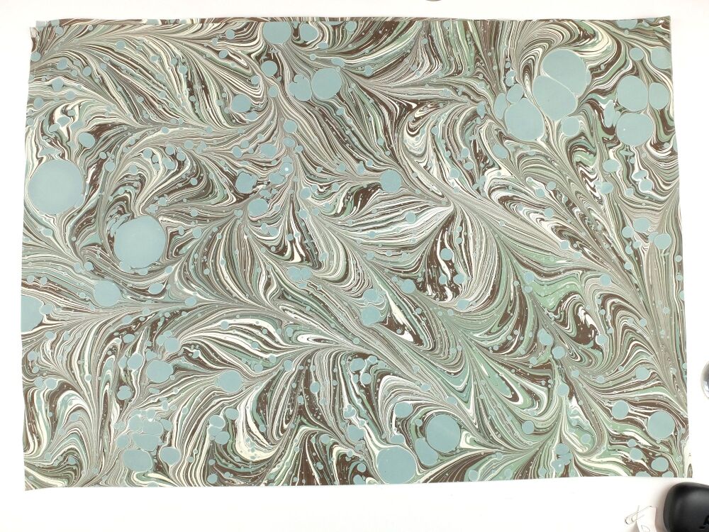 Sage green, chocolate brown and cream pattern A2 marbled paper