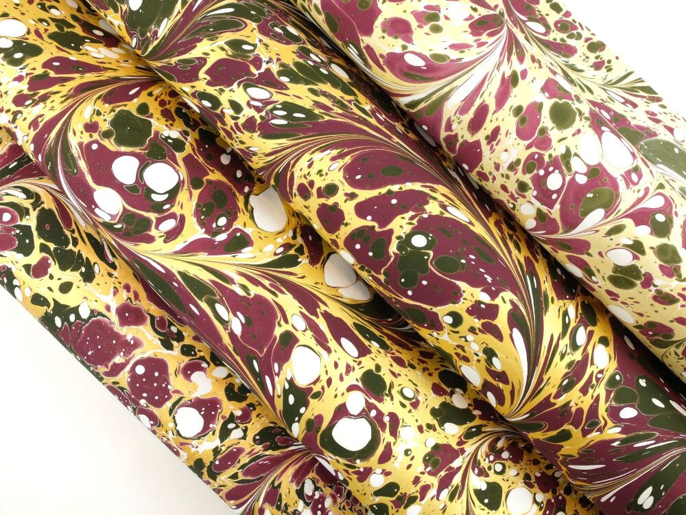 Burgundy gold and dark green drawn stone pattern marbled A2 paper design