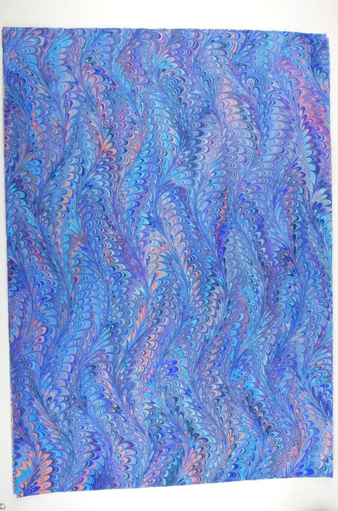 Blue, purple, turquoise copper waved Icarus pattern marbled A2 paper design