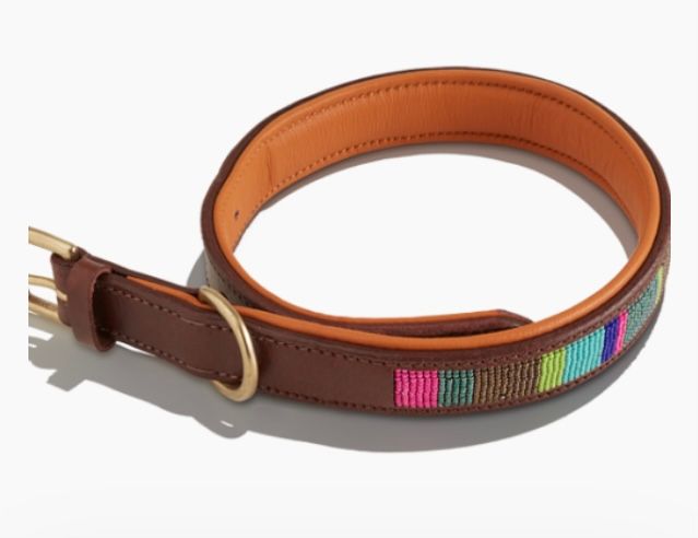 Leather padded dog collar with hand crafted multi stripe beadwork