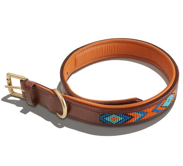 Leather padded dog collar with hand crafted Aztec beadwork