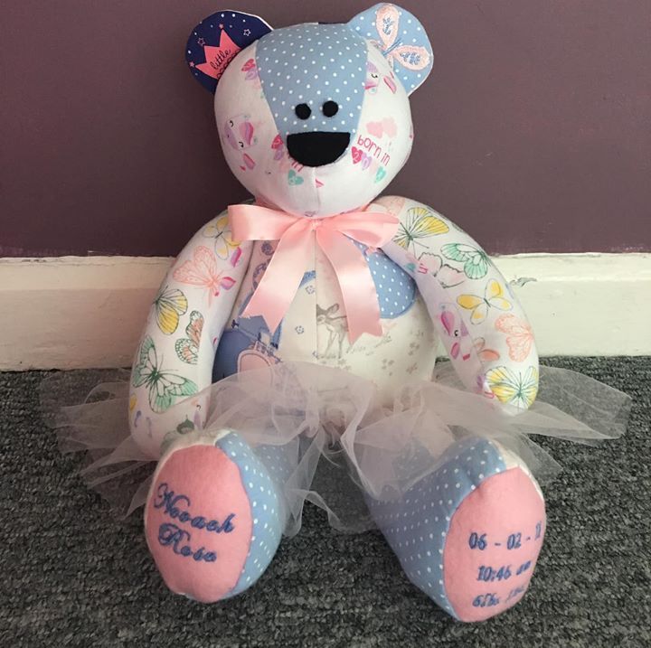 teddy bear made of baby clothes