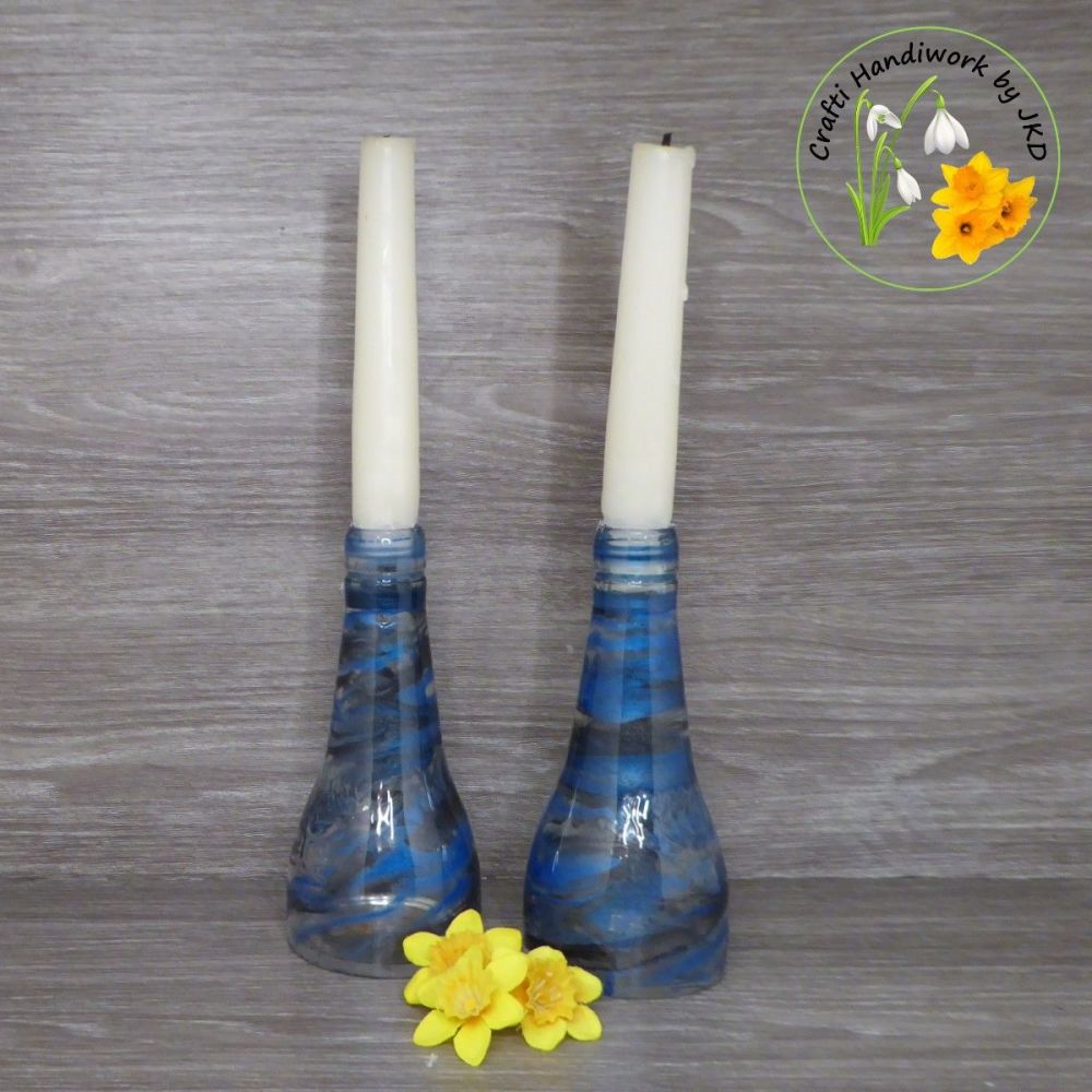 Pair of Recycled Bottle Candle Holder/ Pose Vase - Blues and Black