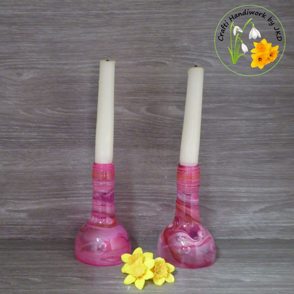 Pair of Recycled Bottle Candle Holder/ Pose Vase - Pinks and White