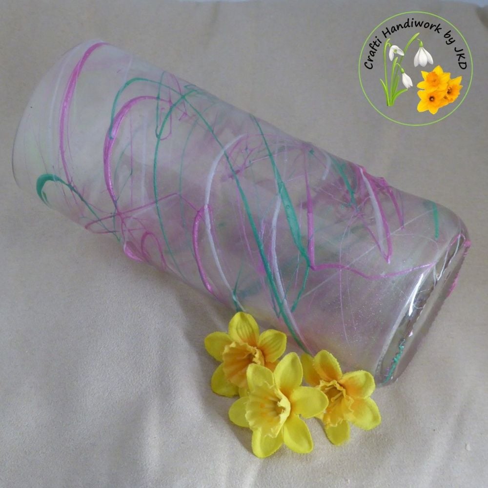 Upcycled Bottle Vase, Holder or Pot - Pastel Pink and Green with a touch of White