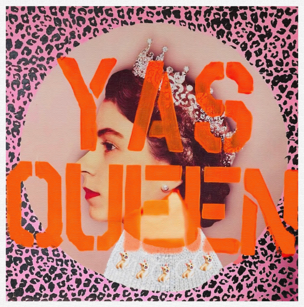 YAS QUEEN corgi diamante pink and orange DIAMOND DUSTED limited edition of 