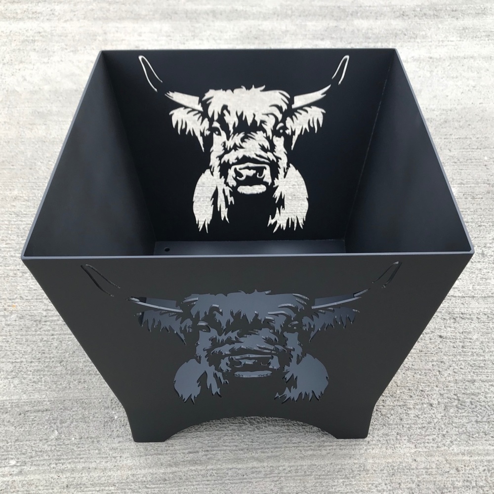 40cm Square Fire Pit - Highland Cow