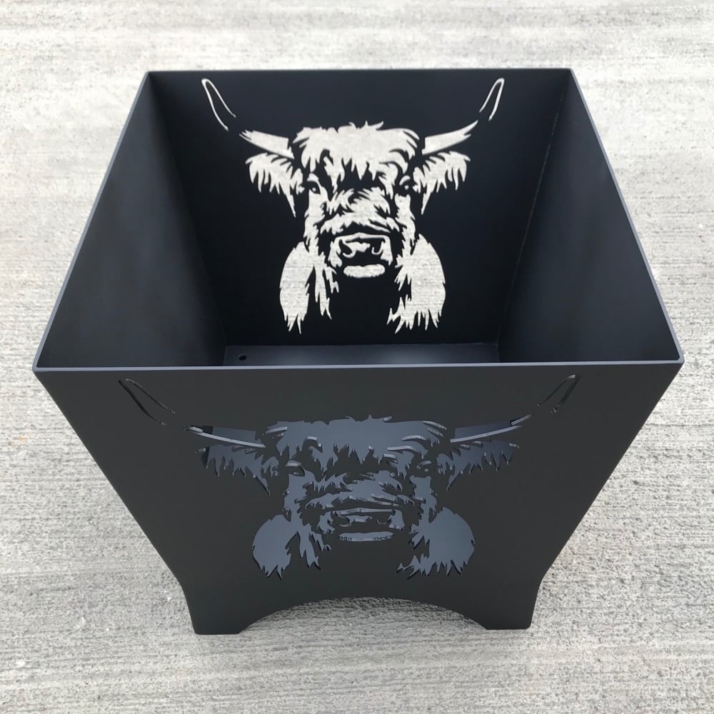 50cm Square Fire Pit - Highland Cow