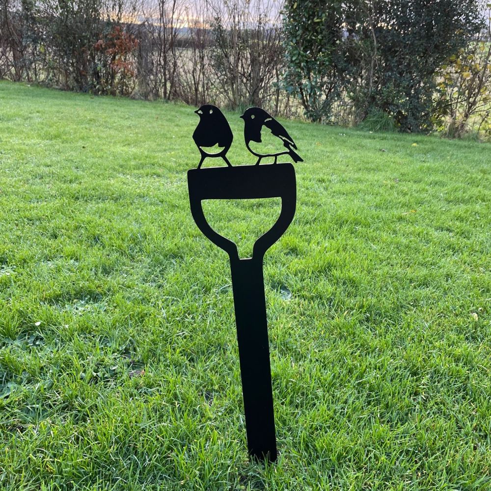 Metal Robins on Garden Spade