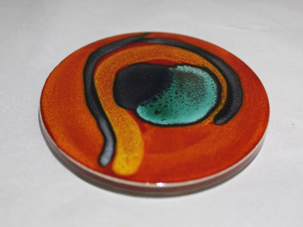 Ceramic hand painted coaster cork backed for protection - Studio Poole Peacock design