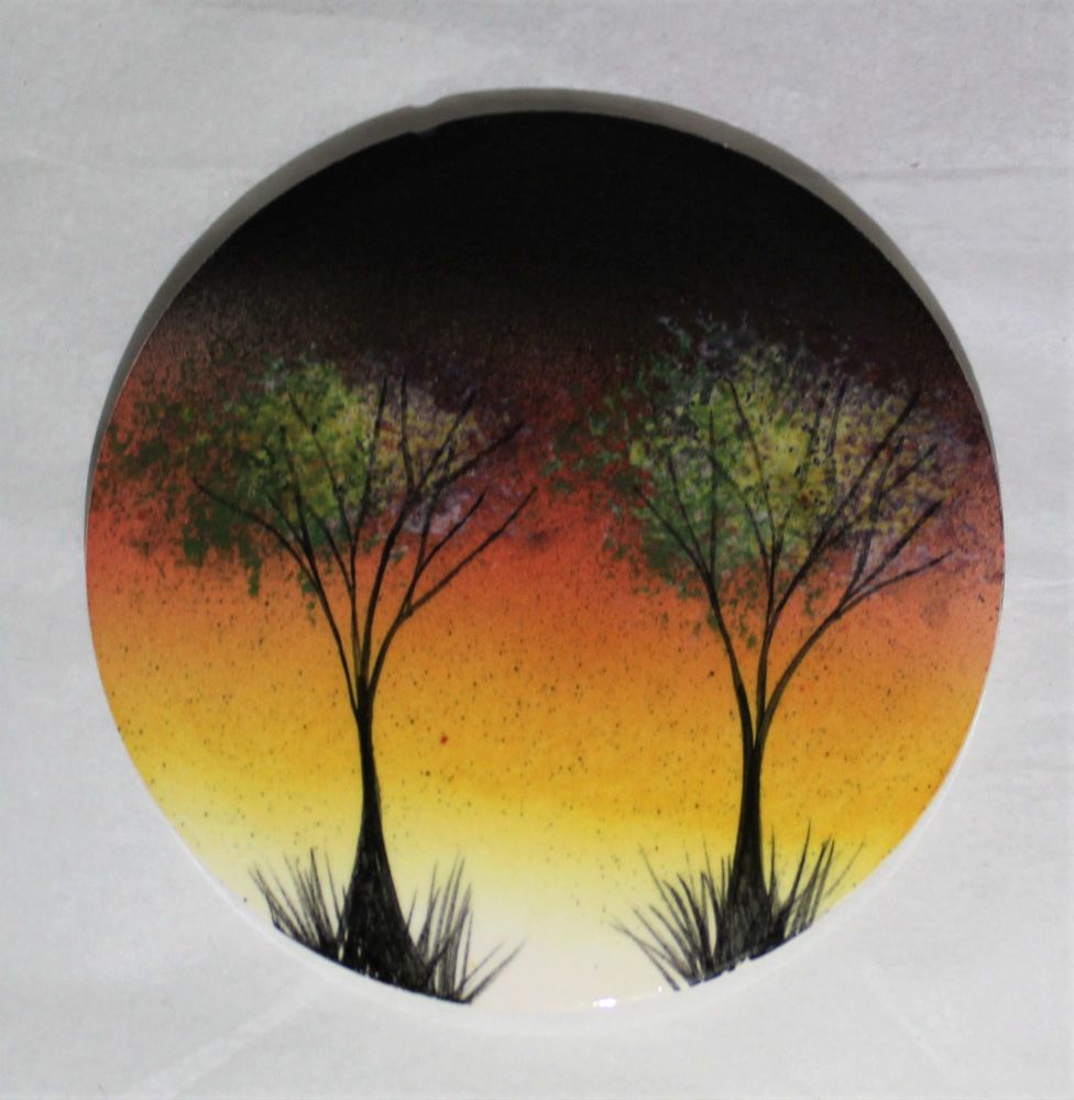 Ceramic hand painted coaster cork backed for protection- Studio Poole Sunset Trees design