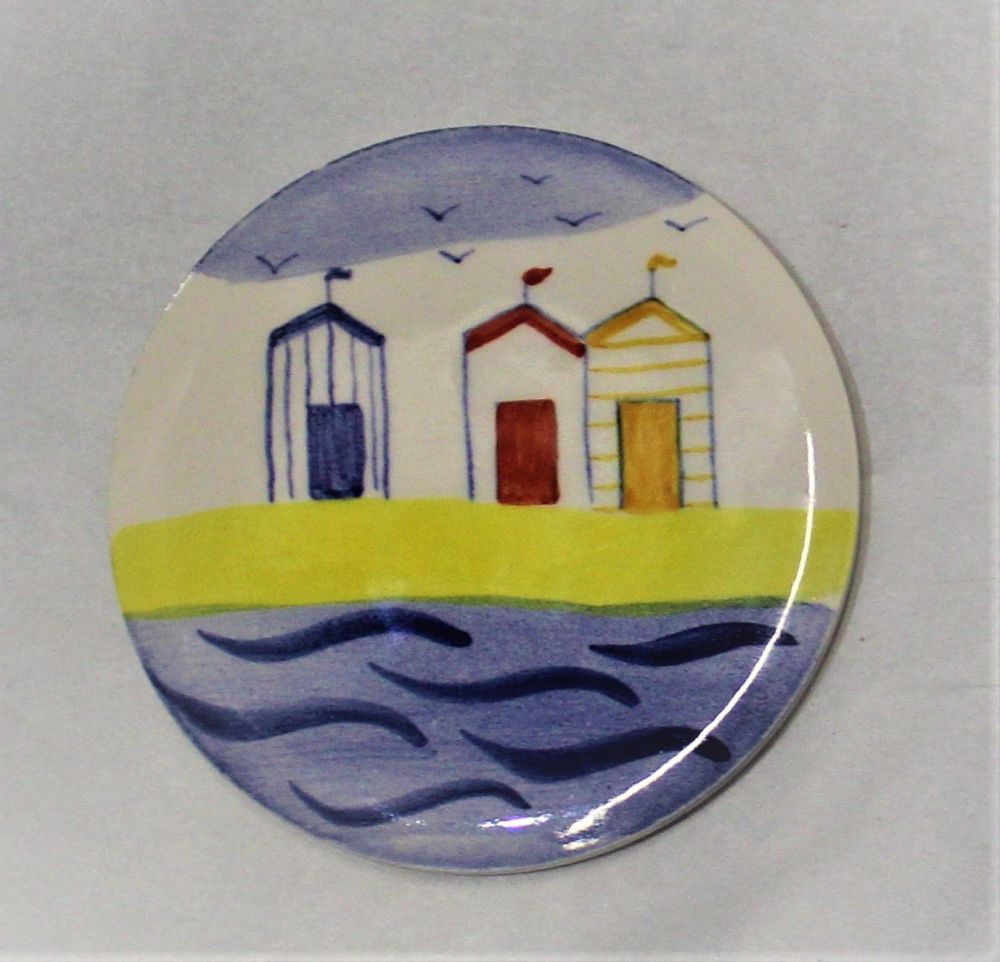 Ceramic hand painted coaster cork backed for protection - Studio Poole Beach Huts design