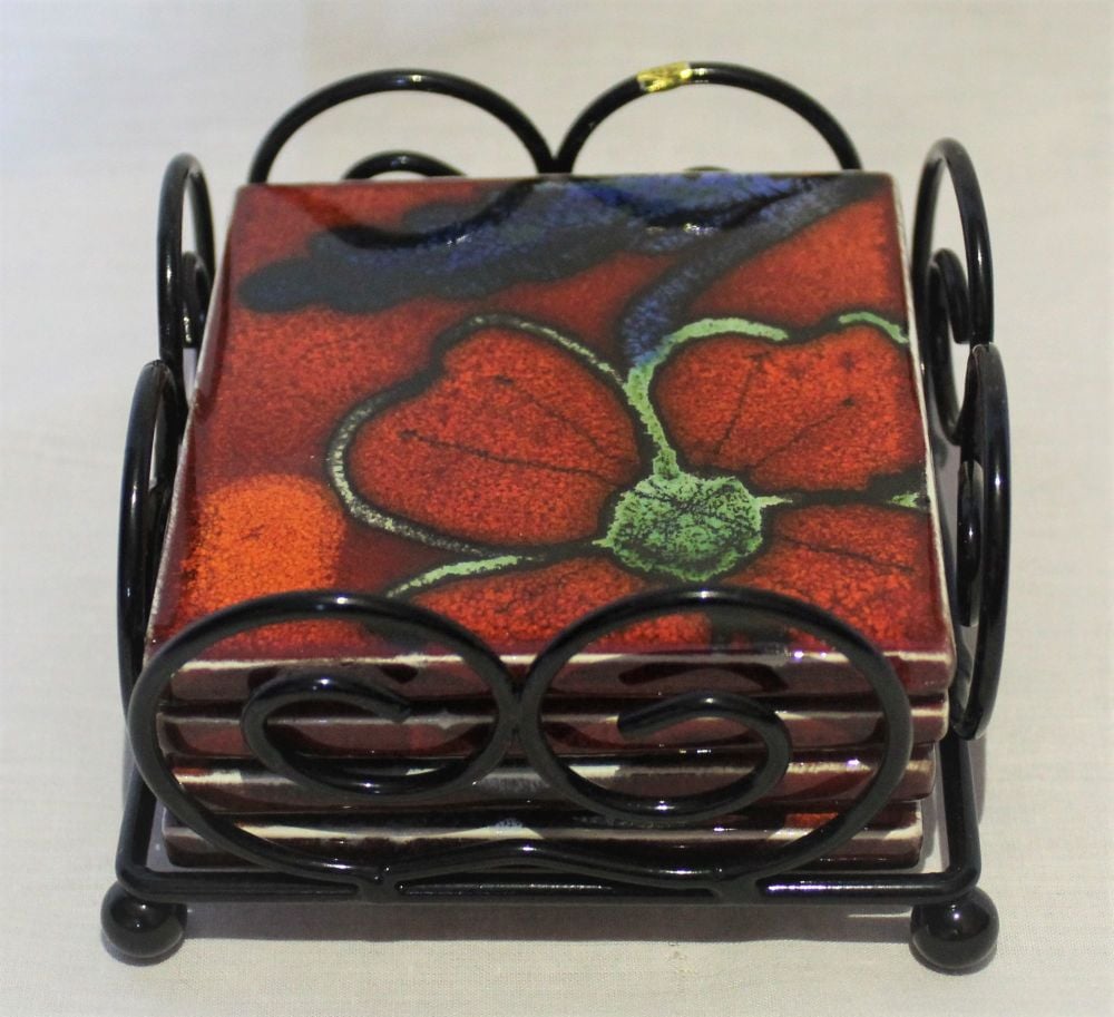 Coasters Cork Backed- Set of 4 - Studio Poole Red Poppy Design