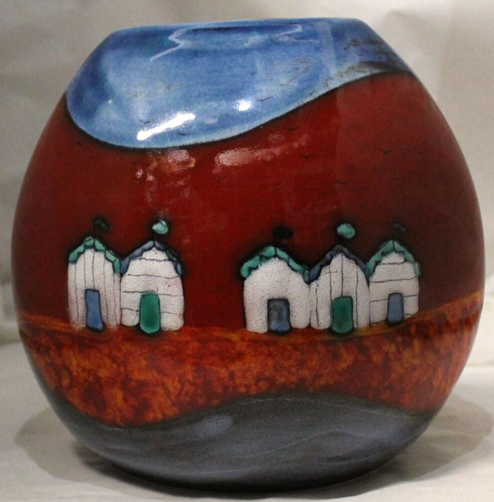 Hand-thrown Purse Vase - Red beach Huts design