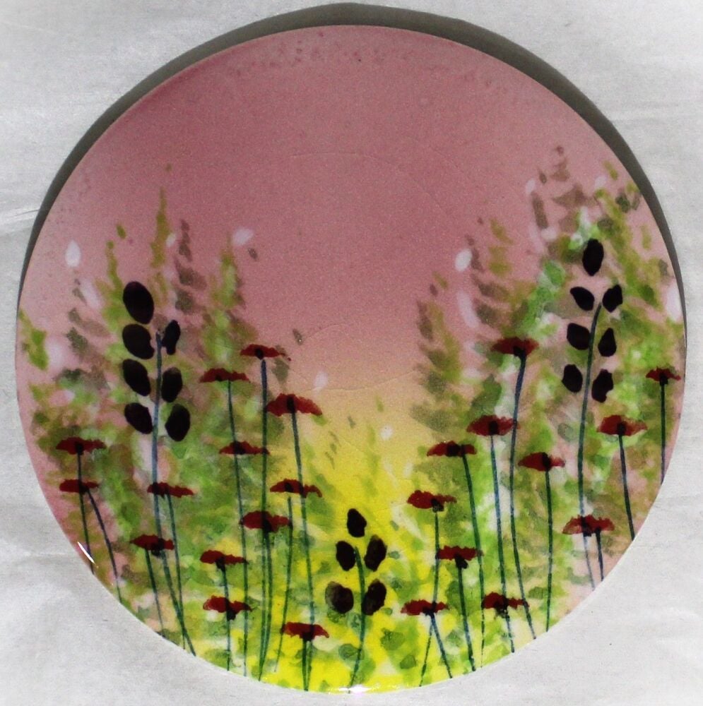 Ceramic hand painted coaster cork backed for protection - Studio Poole Meadow Field Pink