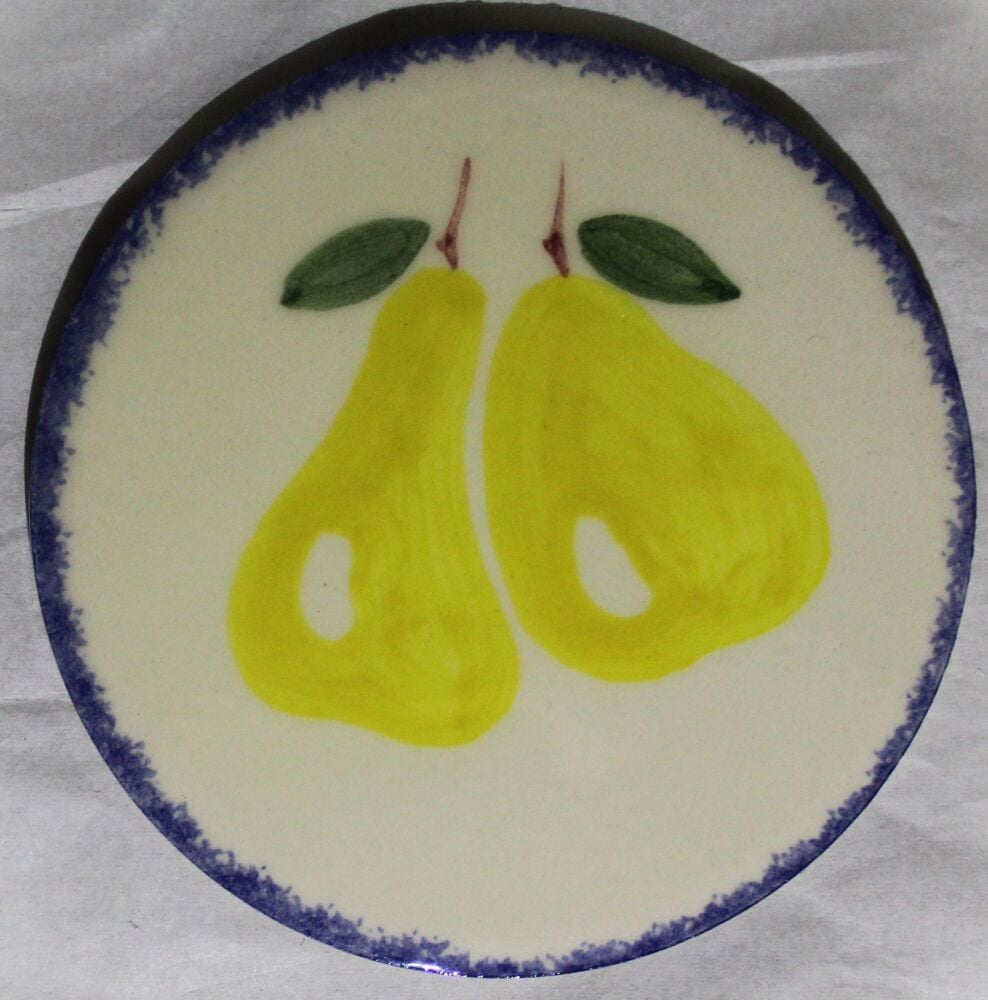 Ceramic hand painted coaster cork backed for protection - Studio Poole Dorset Fruits design - Pears