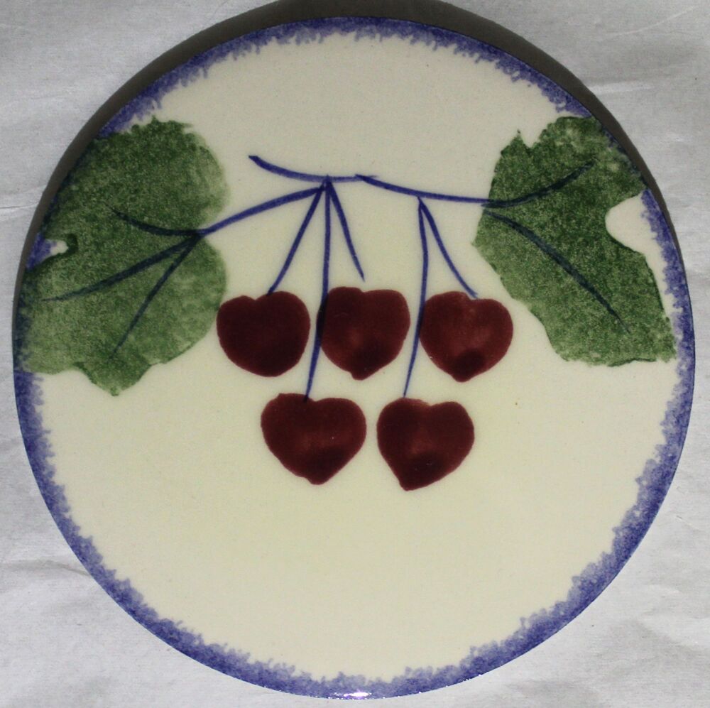 Ceramic hand painted coaster cork backed for protection - Studio Poole Dorset Fruits design - Cherries