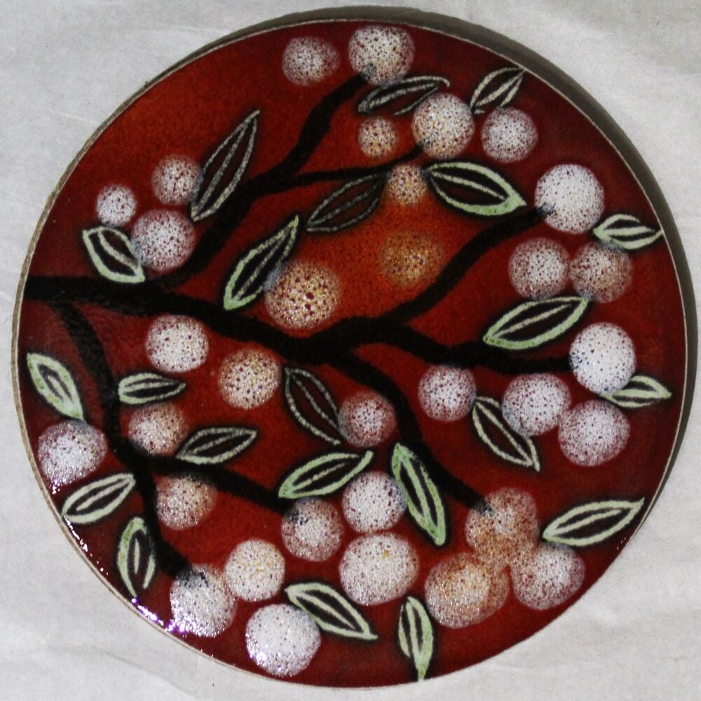 Ceramic hand painted coaster cork backed for protection- Studio Poole Blossom Design