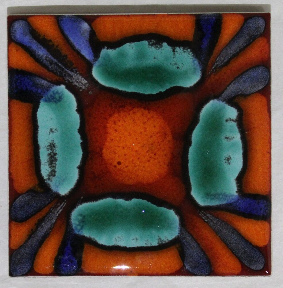 Ceramic hand painted coaster Cork backed for protection (square) - Studio Poole Volcano design