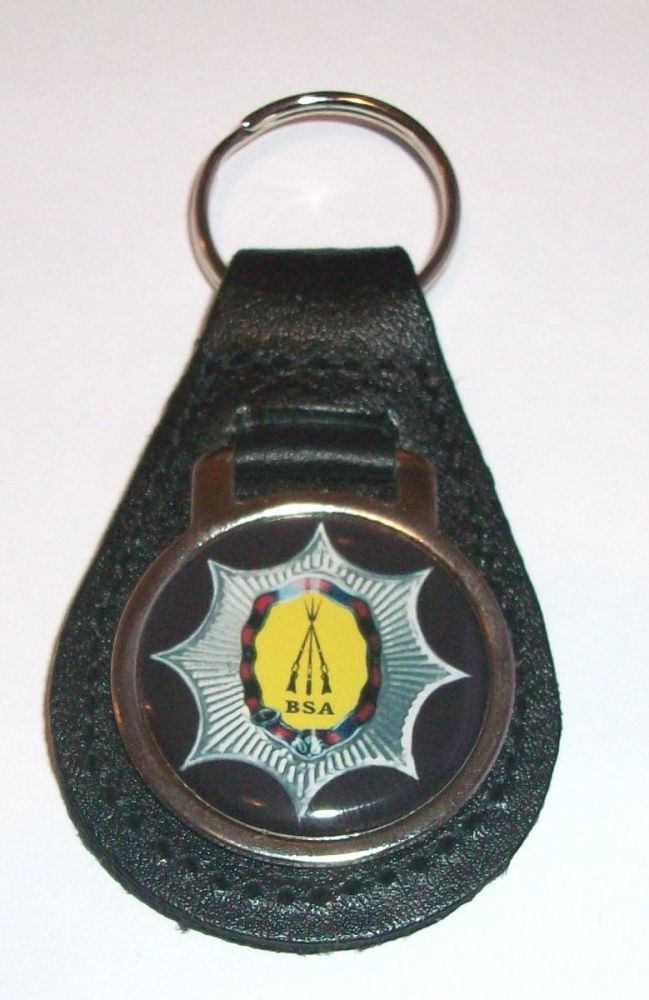 BSA acrylic badged black leather keyring.