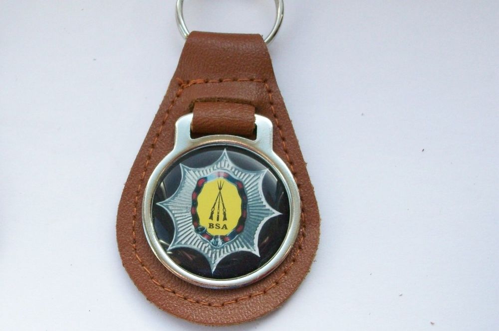 BSA acrylic badged tan leather keyring.