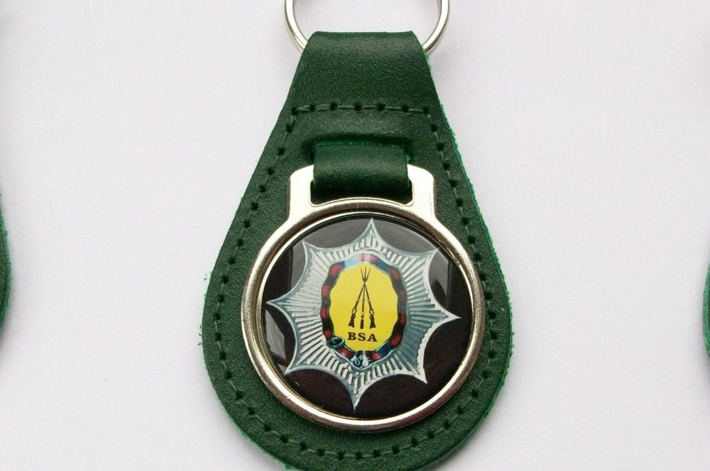 BSA acrylic badged green leather keyring.