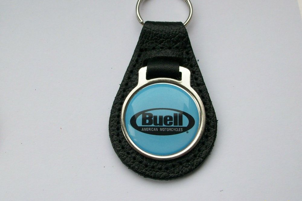 Buell acrylic badged black leather keyring.