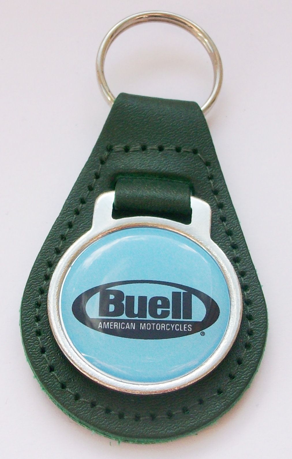 Buell acrylic badged green leather keyring.