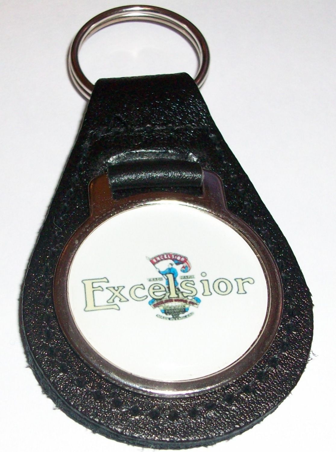 Excelsior acrylic badged black leather keyring