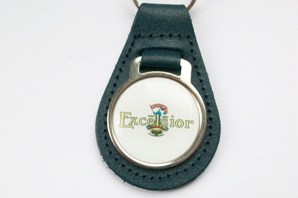 Excelsior acrylic badged blue leather keyring..