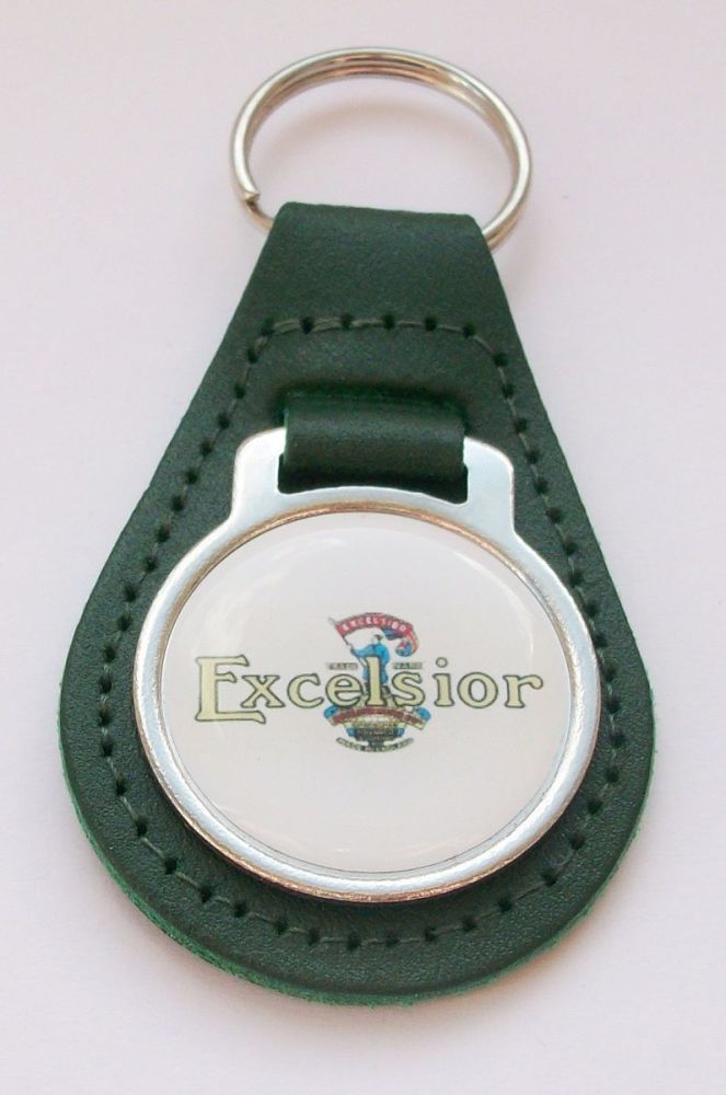 Excelsior acrylic badged green leather keyring..