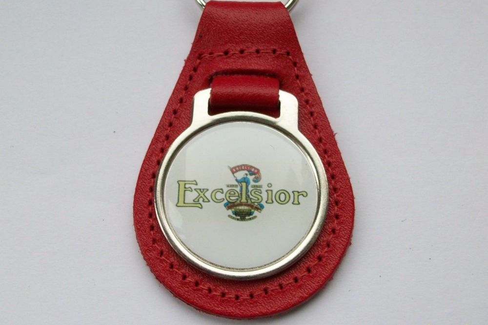 Excelsior acrylic badged red leather keyring