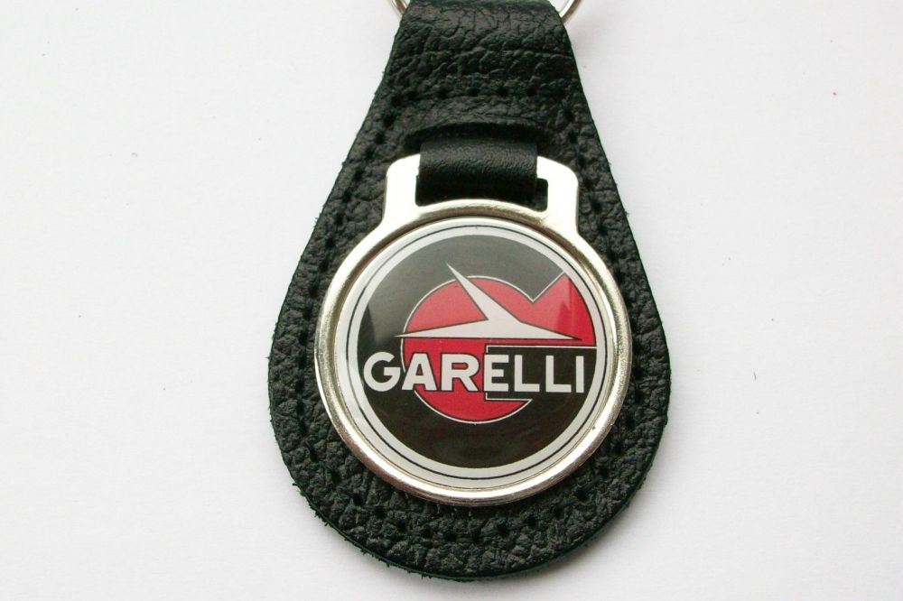 Garelli acrylic badged black leather keyring..