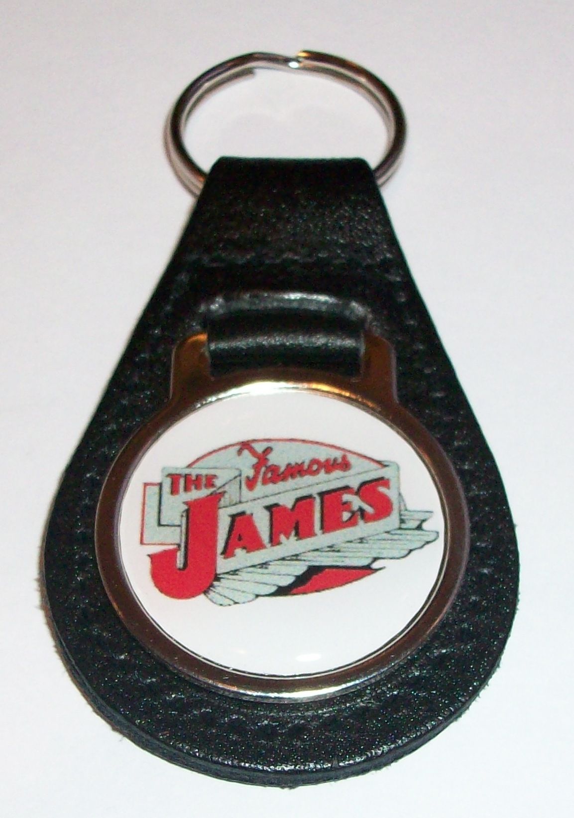 James acrylic badged black leather keyring