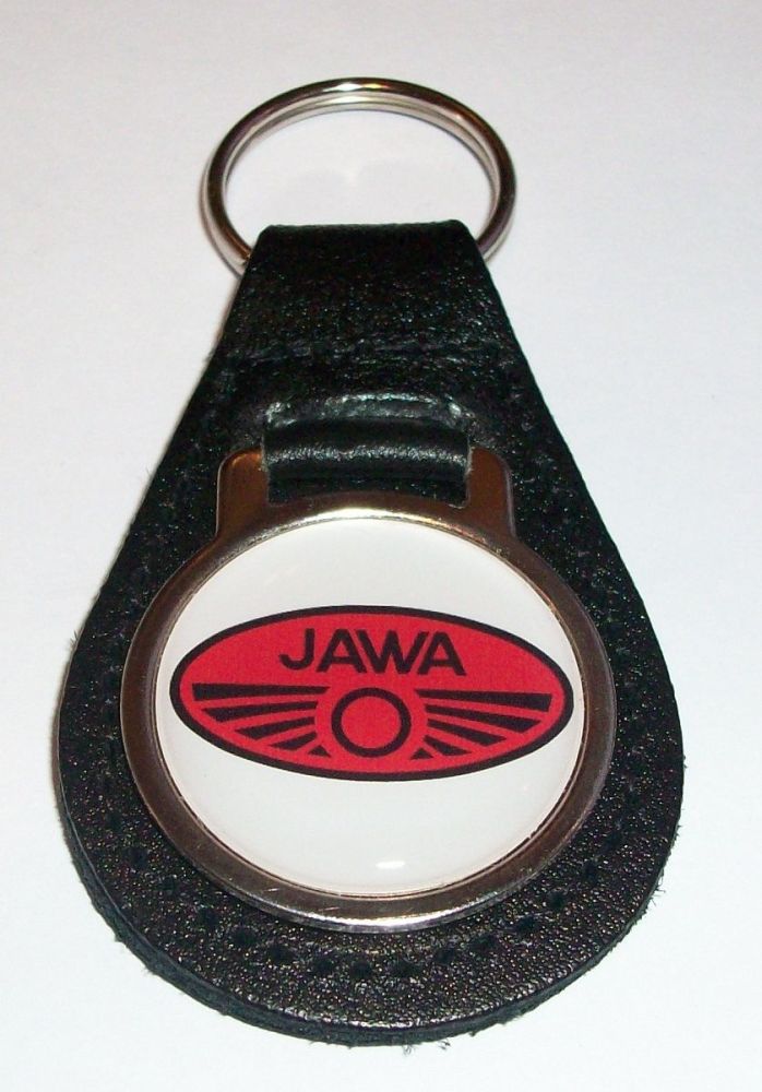 Jawa acrylic badged black leather keyring..