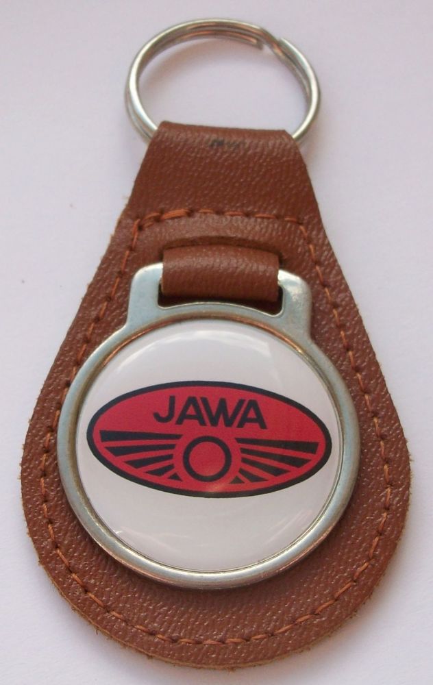 Jawa acrylic badged tan leather keyring..