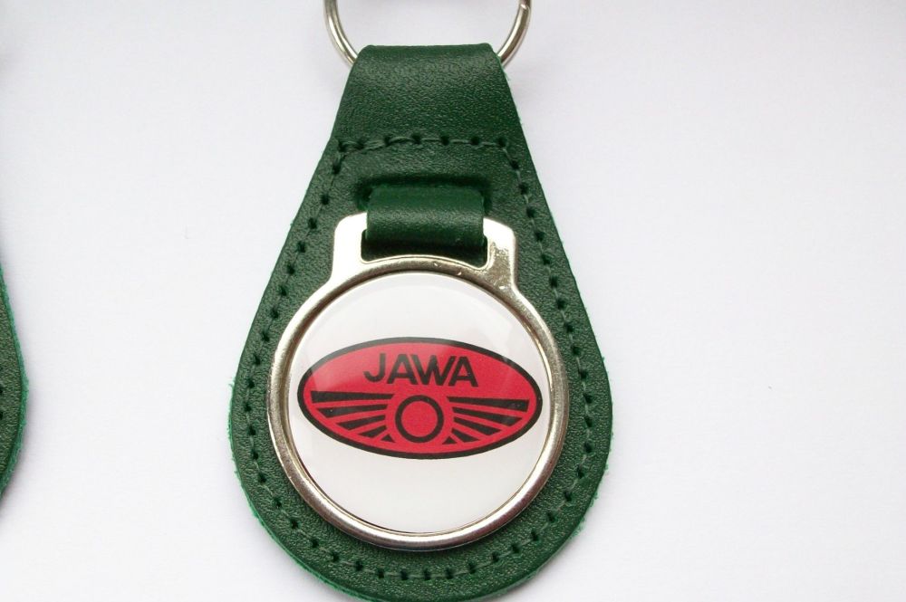 Jawa acrylic badged green leather keyring..