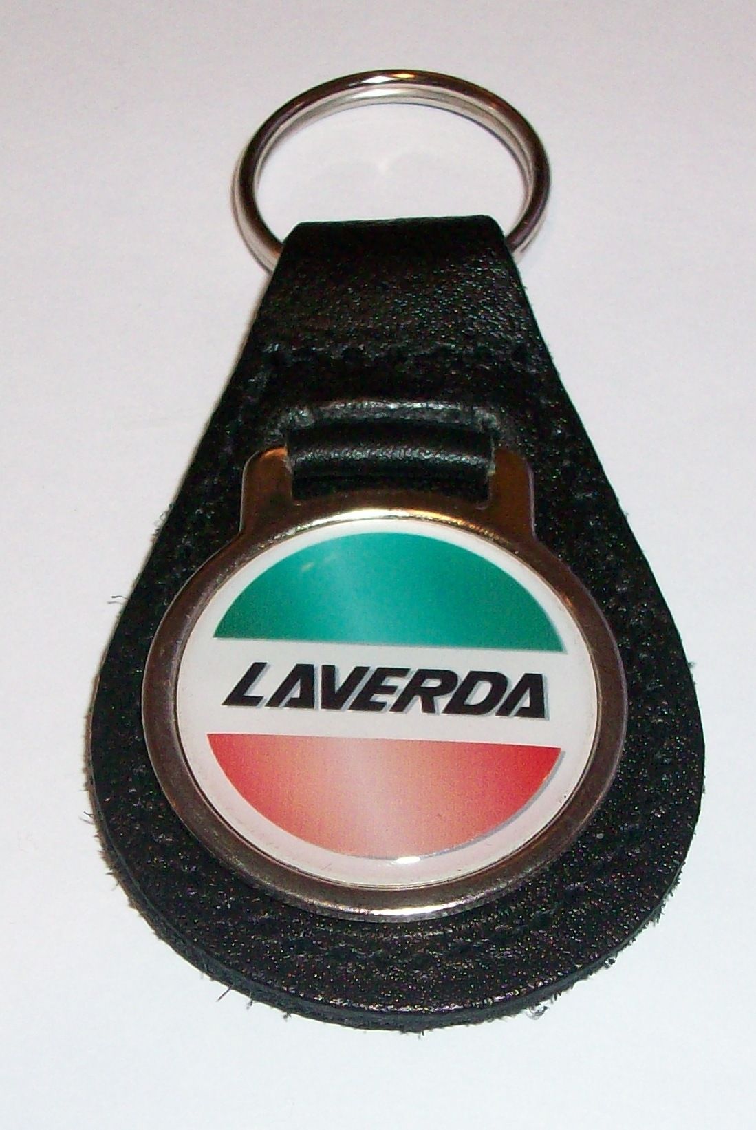 Laverda acrylic badged black leather keyring.