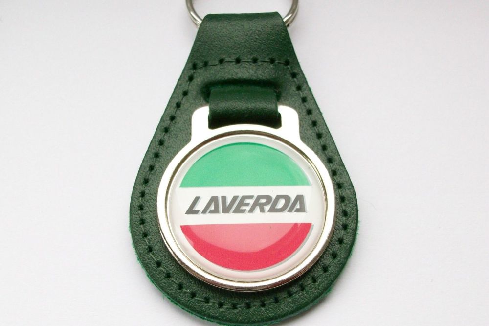 Laverda acrylic badged green leather keyring..