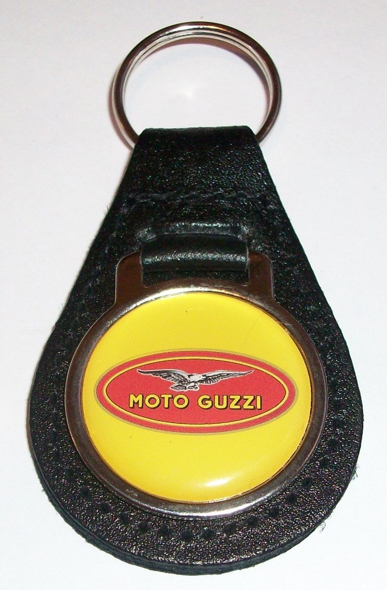 Moto Guzzi acrylic badged black leather keyring.