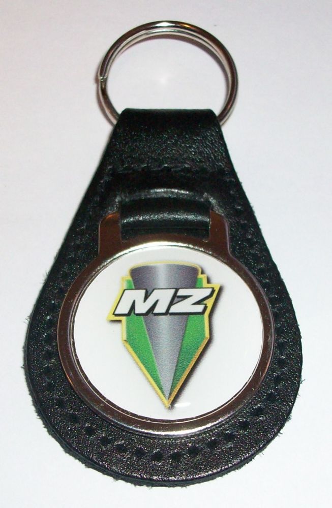 MZ acrylic badged black leather keyring..