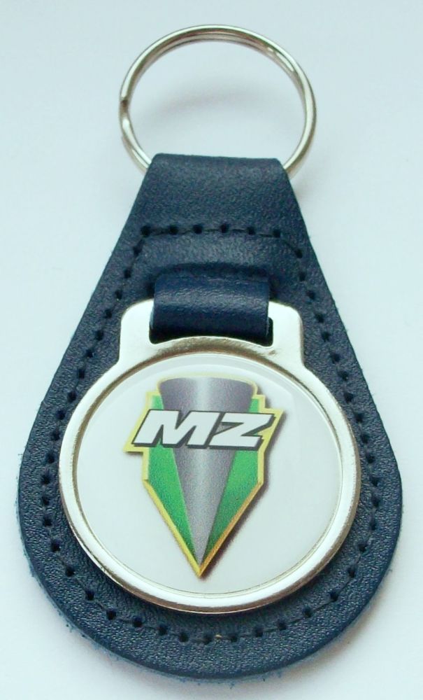 MZ acrylic badged blue leather keyring..