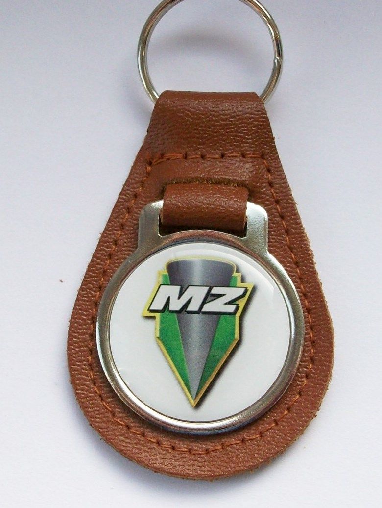 MZ acrylic badged tan leather keyring..