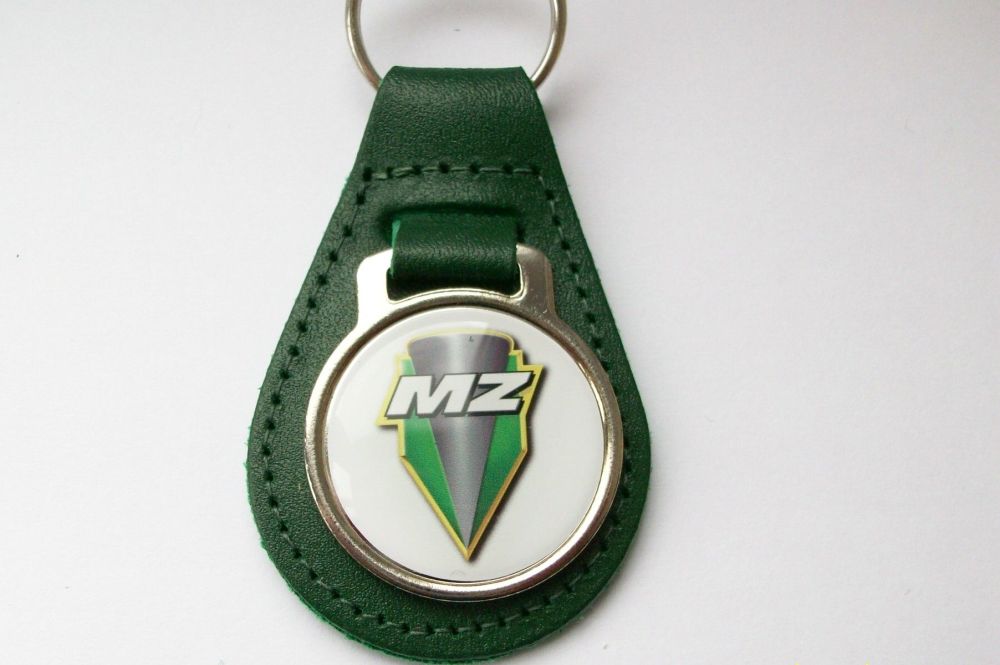 MZ acrylic badged green leather keyring..