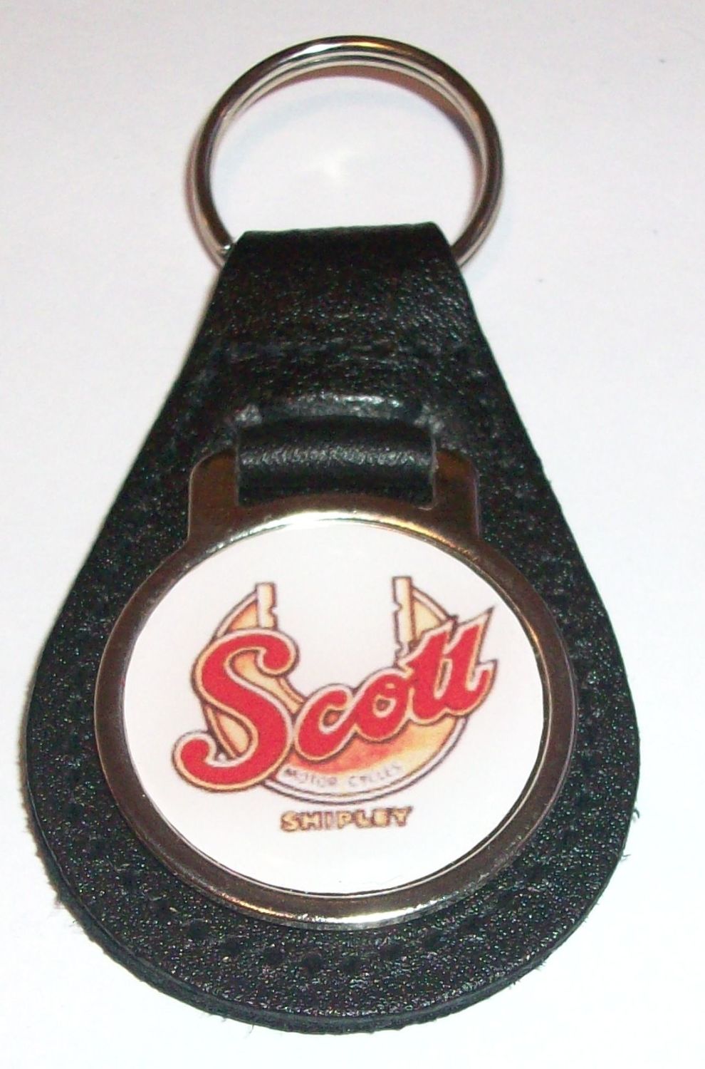 Scott acrylic badged black leather keyring