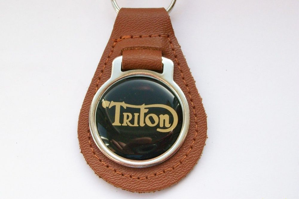 Triton acrylic badged tan leather keyring..