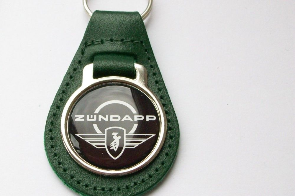 Zundapp acrylic badged green leather keyring..