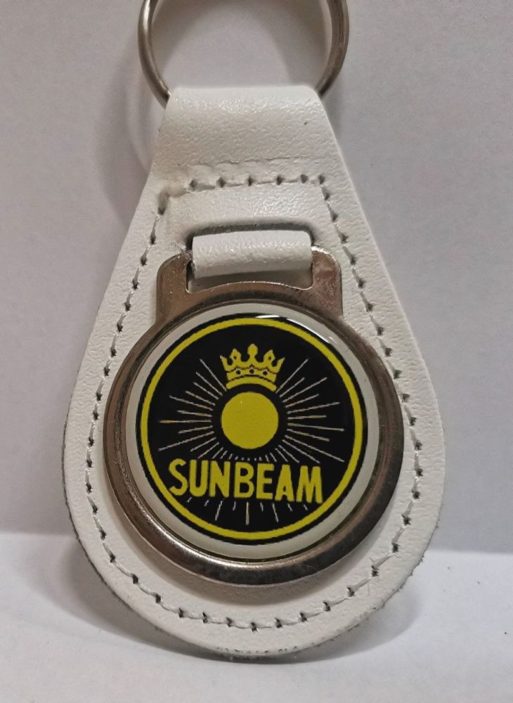 Sunbeam acrylic badged white leather keyring..